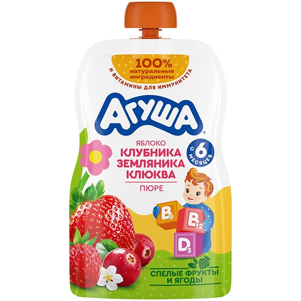 Детское пюре Агуша клубника, яблоко, клюква 80 г.